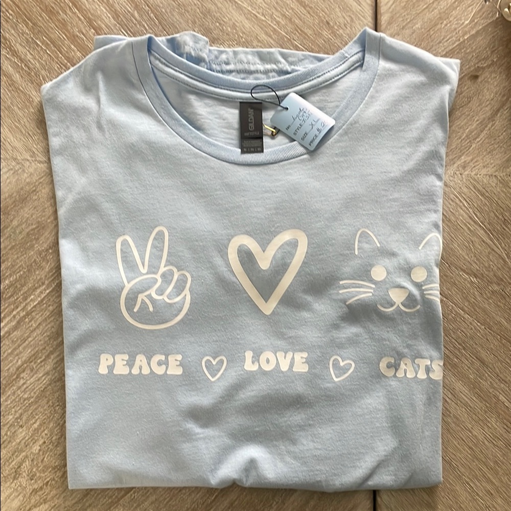 Blue Graphic Tee with Peace Love Cats Design